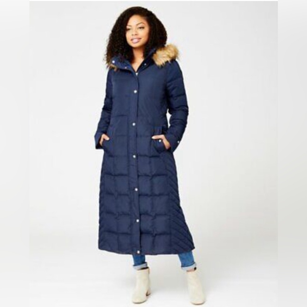 TOMMY HILFIGER Women's Maxi Puffer Hooded Coat Faux Fur Trim Navy Blue Size L